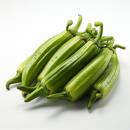 Fresh green okra on white background, top view, selective focusの素材