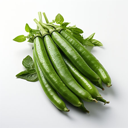 Fresh green chilli with leaves on white background, top view.の素材