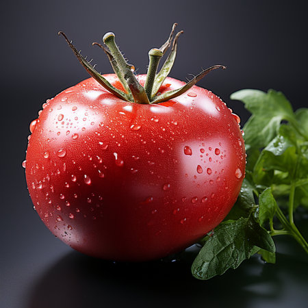 Fresh tomato with water drops on a dark background. Close-up.の素材