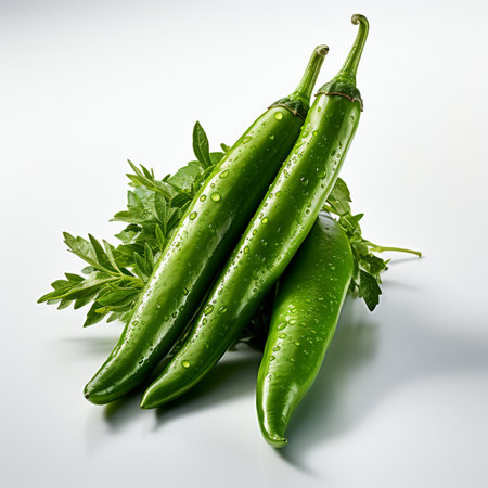 green hot chili peppers with water drops on white background, close upの素材