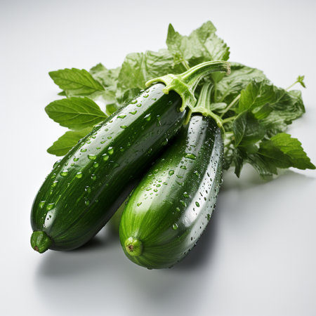 Fresh zucchini with green leaves and water drops on white backgroundの素材