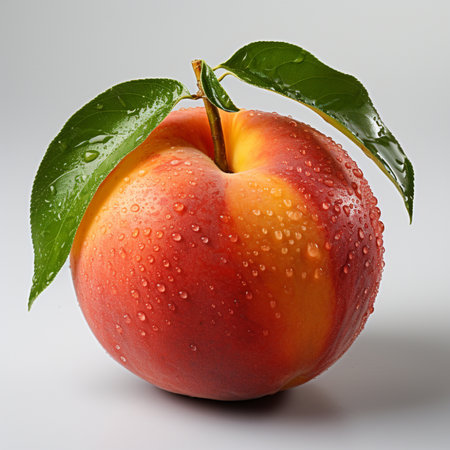 Ripe peach with water drops on a white background. Close-upの素材