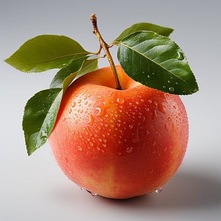 Red apple with green leaf and water drops on a gray background.の素材