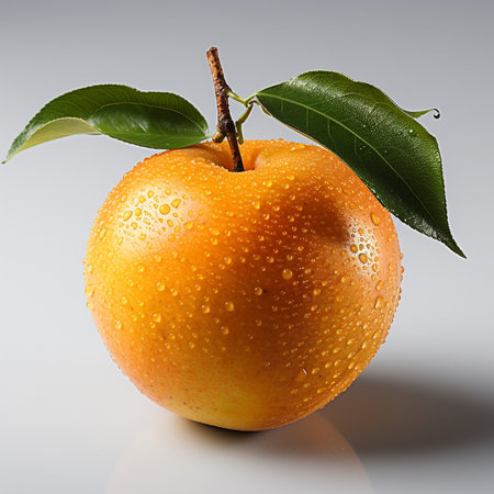 Ripe apple with water droplets on a white reflective background.の素材