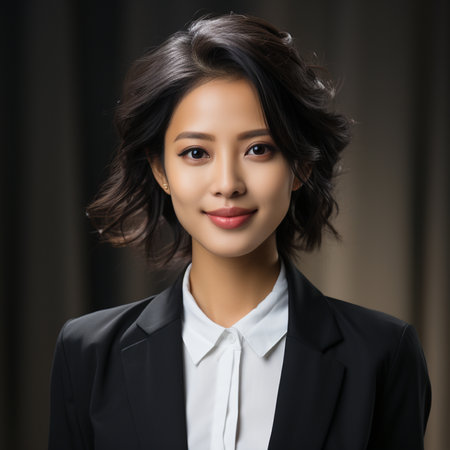 portrait of young asian businesswoman in suit smiling at cameraの素材