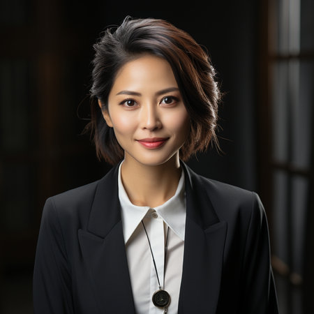Portrait of smiling asian businesswoman in black suit looking at cameraの素材