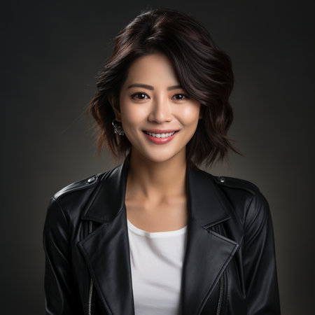 Portrait of a beautiful smiling asian woman in black leather jacketの素材