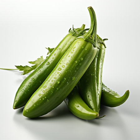 Green hot chili peppers with drops of water on a white background.の素材
