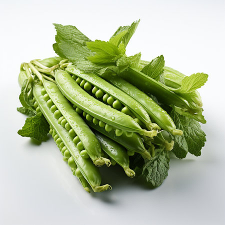 Fresh green peas with mint leaves on white background. Close up.の素材