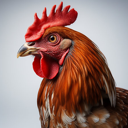 Portrait of a rooster on a gray background. Close up.の素材