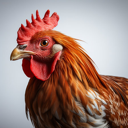Portrait of a rooster with a red comb on a gray backgroundの素材