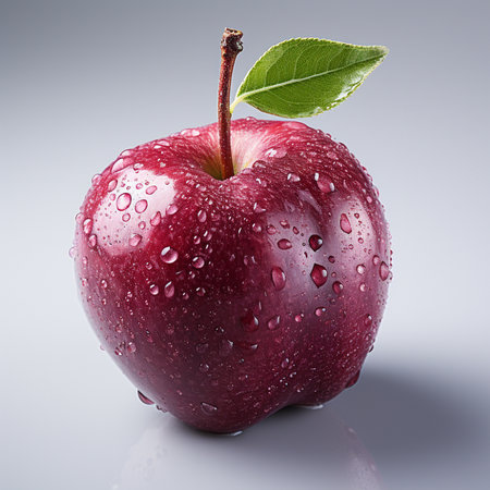 Red apple with water drops on a gray background, close-upの素材