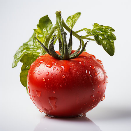 Tomato with water drops on a white background. Studio shot.の素材