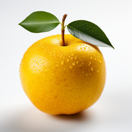 Yellow apple with green leaf isolated on white background, clipping path includedの素材