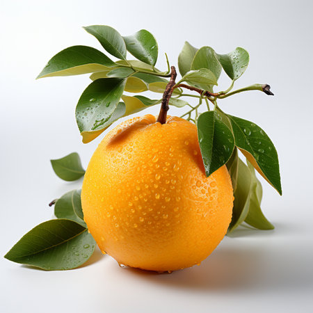 Ripe orange with leaves and drops of water on a white backgroundの素材