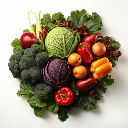 Composition with fresh fruits and vegetables on white background, top viewの素材