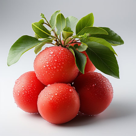 Fresh red apples with green leaves and water drops on a white backgroundの素材