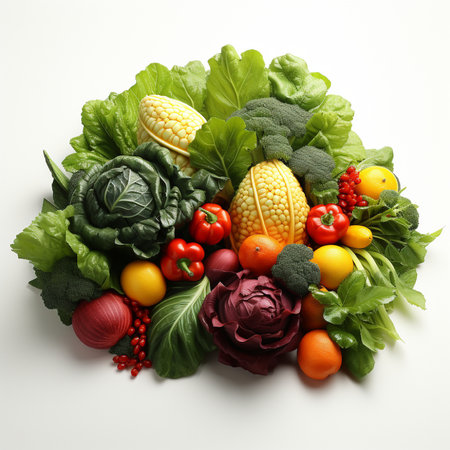 Composition with fresh fruits and vegetables on white background, top viewの素材