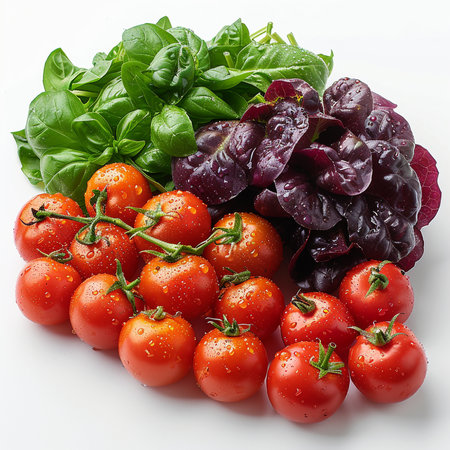 Fresh basil, cherry tomatoes and purple arugula on white backgroundの素材