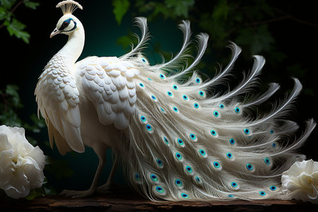 White peacock with peacock feathers on dark background, selective focusの素材