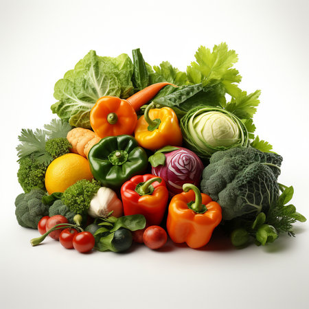 Composition with fresh vegetables on a white background. Balanced diet.の素材