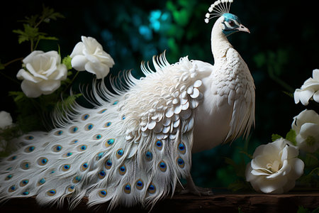 Peacock with white flowers on dark background, close-upの素材