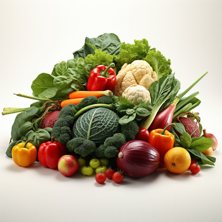 Composition with variety of fresh organic vegetables on white background. Balanced dietの素材