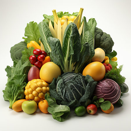 Fresh fruits and vegetables in a basket isolated on a white background.の素材