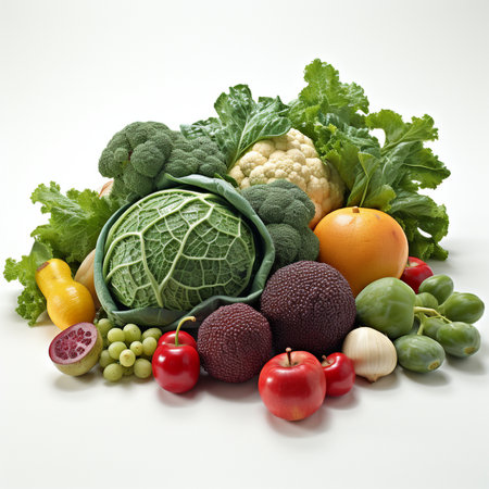 Composition with variety of fresh organic vegetables and fruits on white backgroundの素材