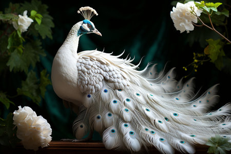 White peacock with feathers on the background of a green wall.の素材