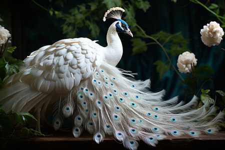 Peacock with peacock feathers on old wooden table in gardenの素材