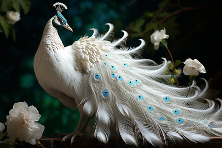 Peacock with peacock feathers on a dark background with white flowersの素材