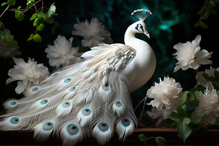 Peacock with peacock feathers on a background of white flowersの素材