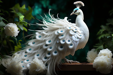 Peacock statue with white feathers on the background of flowers.の素材