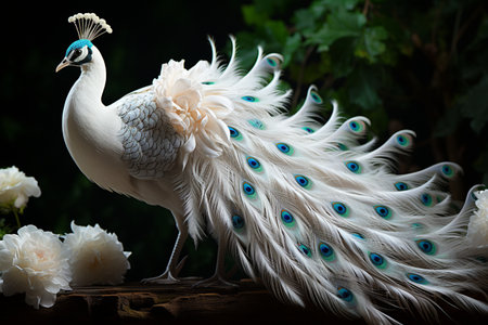 Peacock with peacock feathers and white roses on wooden backgroundの素材