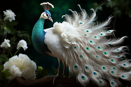 Peacock with white feathers on a dark background with white flowersの素材
