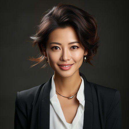 Beautiful asian businesswoman on dark background, closeup portraitの素材