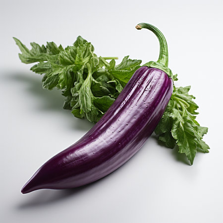 Purple eggplant with parsley on white background, close upの素材