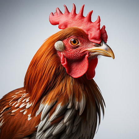 Portrait of a rooster isolated on gray background. Studio shot.の素材