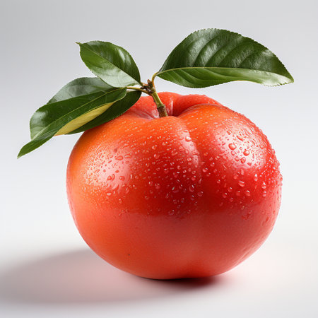 Fresh ripe red apple with green leaves isolated on a white background.の素材