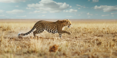Cheetah running in the savannah, Maasai Mara National Park, Kenyaの素材