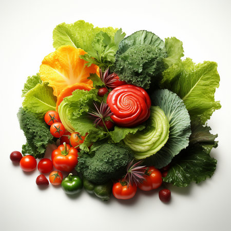 Fresh vegetables isolated on white background. Healthy food concept. Top view.の素材