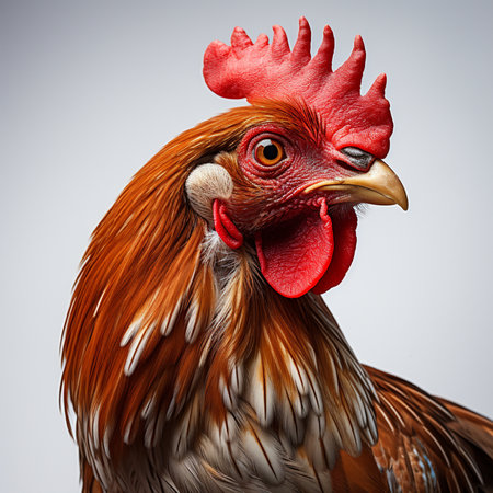 Rooster head isolated on gray background. 3d render illustration.の素材