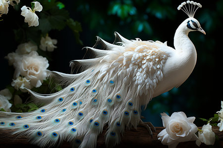 Peacock with peacock feathers on the background of flowers.の素材