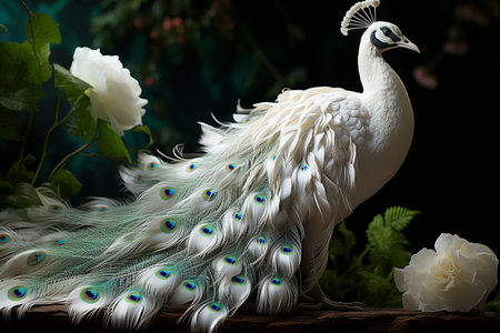 Peacock with peacock feather and flowers on a dark backgroundの素材