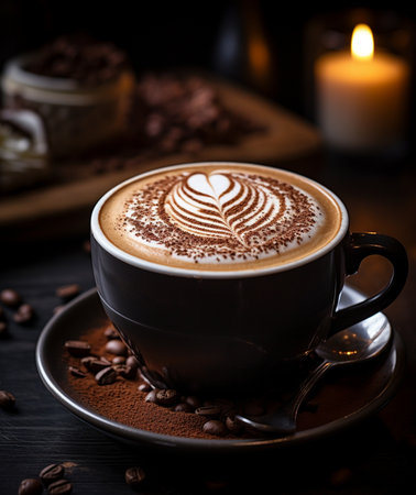 Close-up of a delicious cappuccino with intricate heart latte art, dusted with cocoa and surrounded by coffee beans, perfect for cafe ambiance.の素材