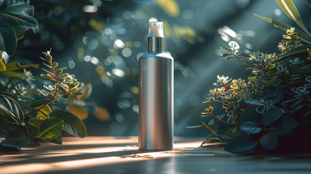 A metallic spray bottle with a clear cap is displayed on a wooden surface, surrounded by vibrant green plants and soft sunlight.の素材
