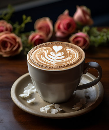Beautiful latte with intricate heart-shaped foam art in a white mug, adorned with petals on a saucer, set against a blurred rose backdrop.の素材