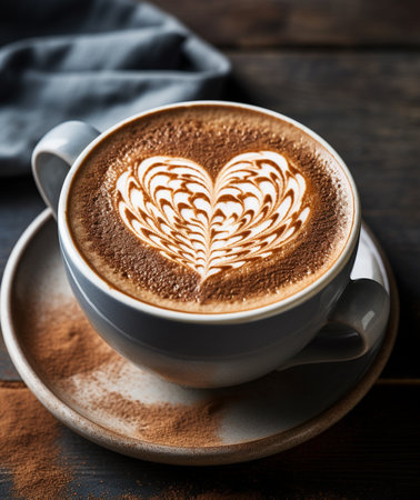 A delicious cappuccino with intricate latte art in the shape of a heart, dusted with cocoa powder on a saucer. Perfect for coffee lovers.の素材