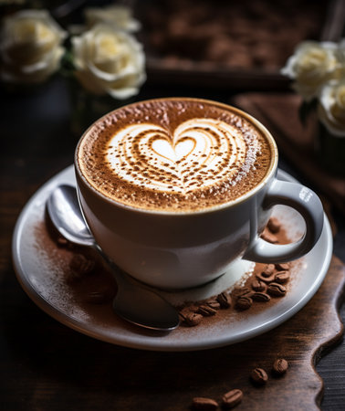 A warm cup of cappuccino with intricate latte art, surrounded by roasted coffee beans and cocoa powder, perfect for cafe and coffee shop themes.の素材